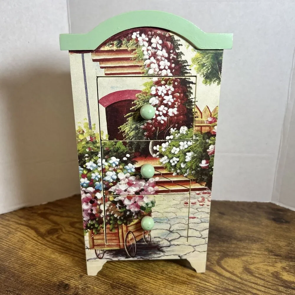Anister Gifts Wood Jewelry Box Floral 3 Drawer Arch Cottage Vintage Shabby Chic